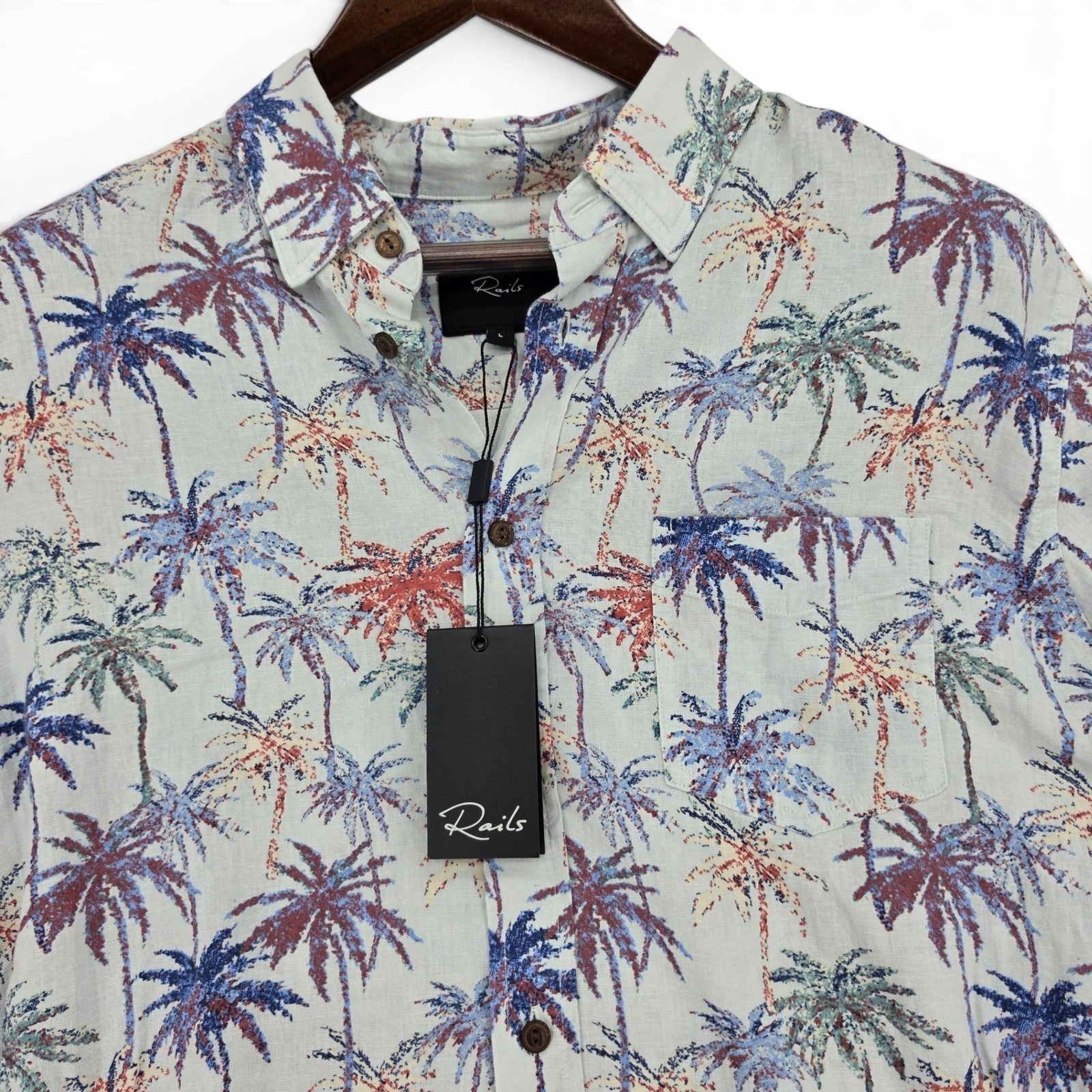 Rails Palm Tree Linen Rayon Camp Shirt Large Coastal Resort Hawaiian Nwt